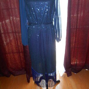 SHEIN BLUE SEQUIN WITH TASTLE, SHEER LONG SLEEVE, BELTED